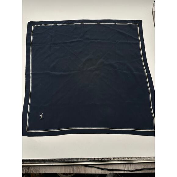 YSL yves st laurent silk Navy Logo scarf vintage box Minimalist boarder square - Picture 4 of 11